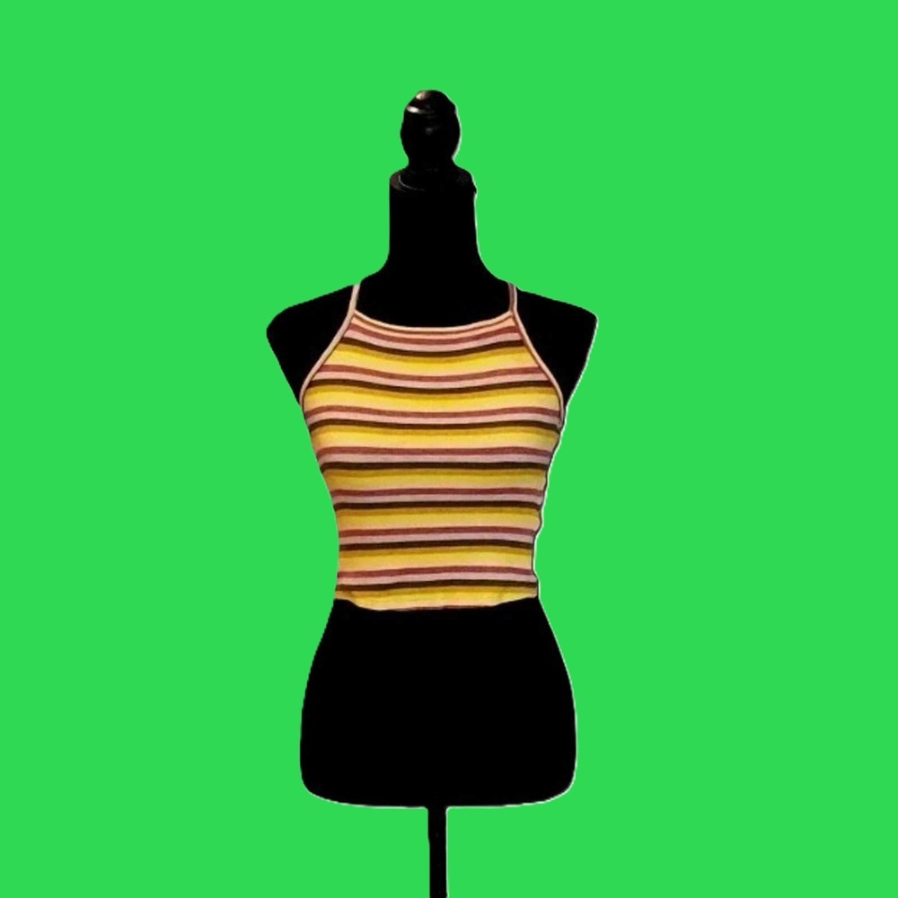 NWT RVCA Striped Ribbed Knit Crop Top Halter High Neck Multi Color XS
